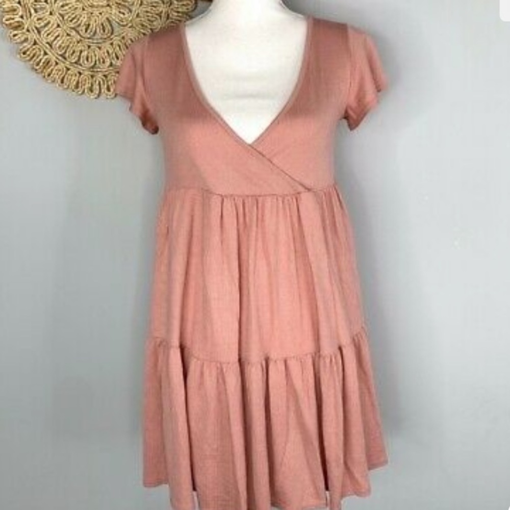 See You Monday Faux Wrap Mini Dress Women's Pink Tiered Baby Doll Swing